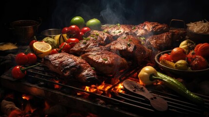 grilled barbeque with melted barbeque sauce and cut vegetables, blur background