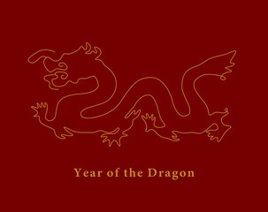 Golden outline of dragon for Chinese the year of dragon 2024 greeting card. zodiac sign chinese culture. red.