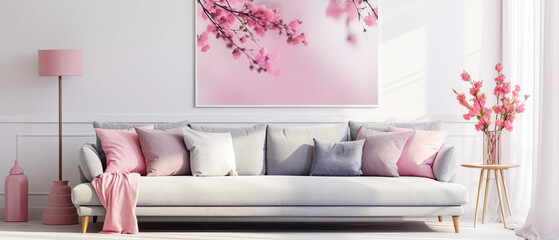 Grey sofa with pink pillows and blanket against white wall with abstract art poster. Interior design of modern living room.
