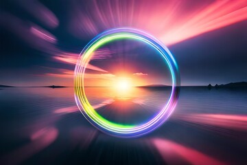 sun and clouds 3d render, abstract cloud illuminated with neon light ring on dark night sky. Glowing geometric shape, round frame 