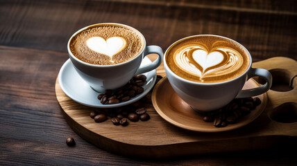 Two coffee cup with milk and art, cafe wooden table