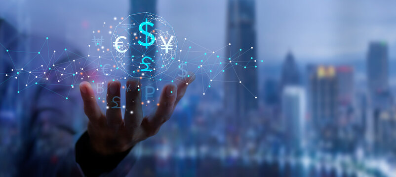 currency exchange rate symbol with hand holding global network and space blue background, Currency exchange rate and transfer money concept - Powered by Adobe