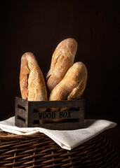 Artisan baguette bread, baking goods in rustic style
