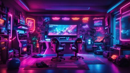 A neon-lit games room with a futuristic cyber gamer computer, surrounded by a sea of vibrant colors and flashing lights.