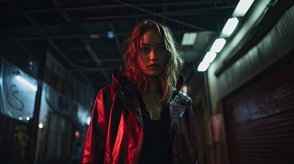 Model in an urban alley, lit only by a single dim street lamp.