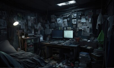 Photo of a cluttered bedroom with a disorganized bed and messy desk - obrazy, fototapety, plakaty