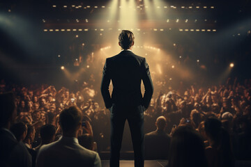Back View of Businessman Standing on Stage in Front of Audience with Confidence AI Generative