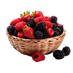 Berry mix: raspberries, blackberries, and strawberries in a wicker basket isolated on transparent background
