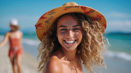 a smiling beautiful young woman vacationing on the sea , summer vacation. Generative Ai