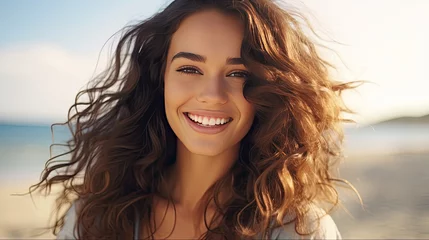 a smiling beautiful young woman vacationing on the sea , summer vacation. Generative Ai