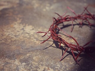 Good Friday, Lent Season and Holy Week concept. Half close up of a hand made woven crown of thorns. - obrazy, fototapety, plakaty