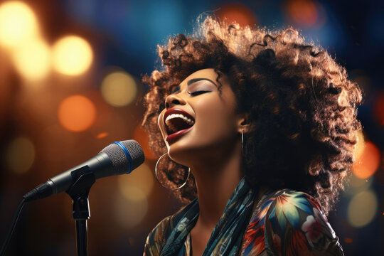 Beautiful excited African American woman singing into a microphone on stage with her eyes closed