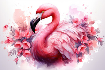 Exotic bird pink flamingo in flowers, in Watercolor style
