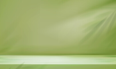 3d green stage table studio background for product presentation. Corner lime room, wall shadow leaves, light empty floor. Abstract green showroom. Vector illustration © Doloves