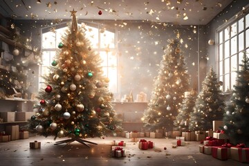 3D rendering of an unadorned Christmas tree, with the decorations suspended in mid-air around it. Capture the moment of transformation as the tree is magically dressed for the holidays.