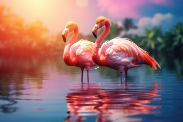 A pair of beautiful pink flamingos in a fairy pond