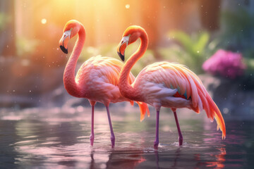 A pair of beautiful pink flamingos in a fairy pond
