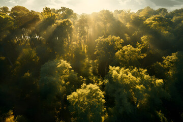 Naklejka na ściany i meble Sunlit Canopy: Tranquil Forest Bathed in Golden Rays | Generative AI