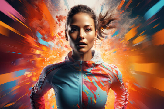 running young woman athlete with tracksuit, paint style