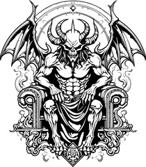 This striking vector illustration features a powerful demon seated upon a throne, exuding an aura of malevolence and authority. Perfect for fans of gothic and fantasy art, this digital download includ