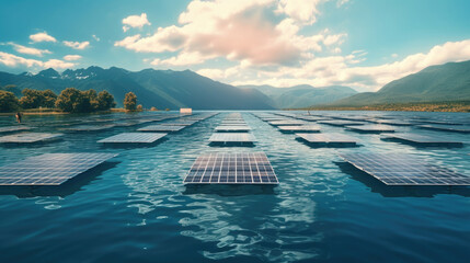 Floating solar farm on a serene lake, harnessing solar energy while minimizing land use. Clean energy concept. Generative Ai