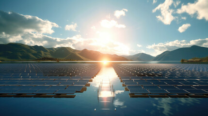 Floating solar farm on a serene lake, harnessing solar energy while minimizing land use. Clean energy concept. Generative Ai