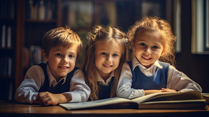 Group of children studying in the classroom. learning and sitting at the desk. young cute kids smiling. primary elementary school. Generative Ai