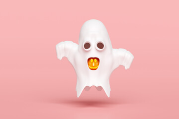 3d halloween day concept with cute ghost flying, pumpkin isolated on pink background. holiday party, 3d render illustration