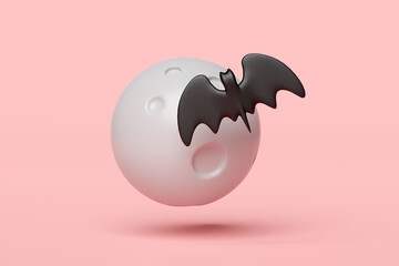 3d happy halloween party with full moon, bat isolated on pink background. 3d render illustration
