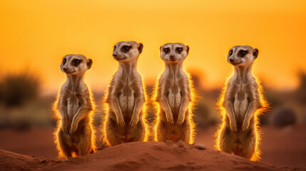Fototapeta premium Group of Meerkats standing with a desert landscape and distant mountains. Generative Ai