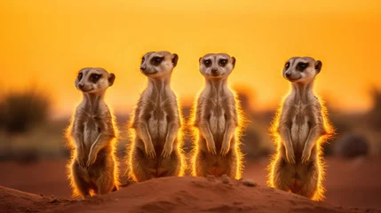 Poster Group of Meerkats standing with a desert landscape and distant mountains. Generative Ai © tong2530