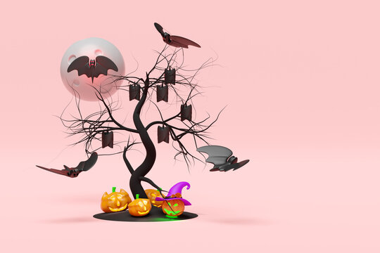 3d happy halloween party with full moon, bats, pumpkin, cute ghost flying, witch hat, tree isolated on pink background. 3d render illustration