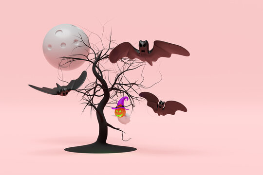 3d happy halloween party with full moon, bats, pumpkin, witch hat, tree isolated on pink background. 3d render illustration