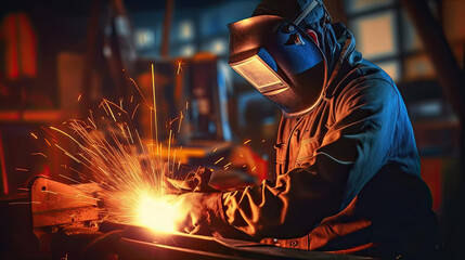 Worker or Welder wear safety gear who perform arc welding in the factory. Generative Ai