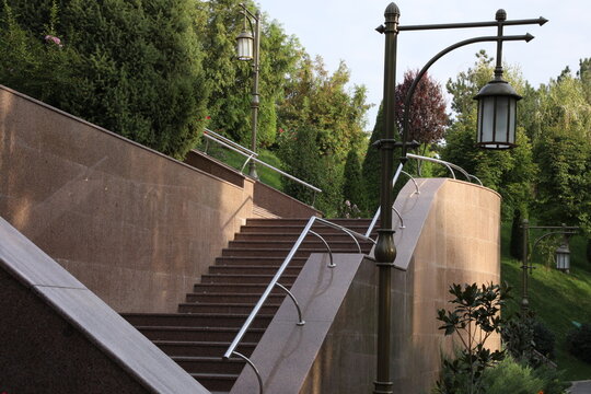 Modern Stairs In The Park. View From The Bottom To The Top.