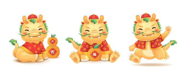2024 Chinese new year, year of the dragon. 3 little cute dragons cartoon character design. Chinese translation: Good luck