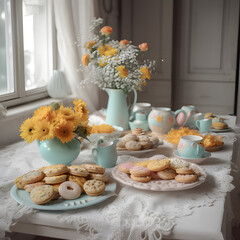 plate of cookies, cups of tea on the table, a vase of flowers. Beautifully decorated table for tea party
