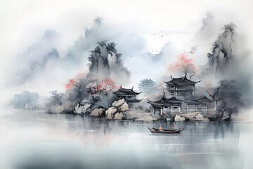 Chinese landscape watercolor painting