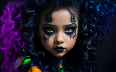 Fototapeta premium Kids Girls Halloween wear costume and make up as medusa, photo studio