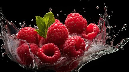 fresh red raspberries splashed with water on black and blurred background