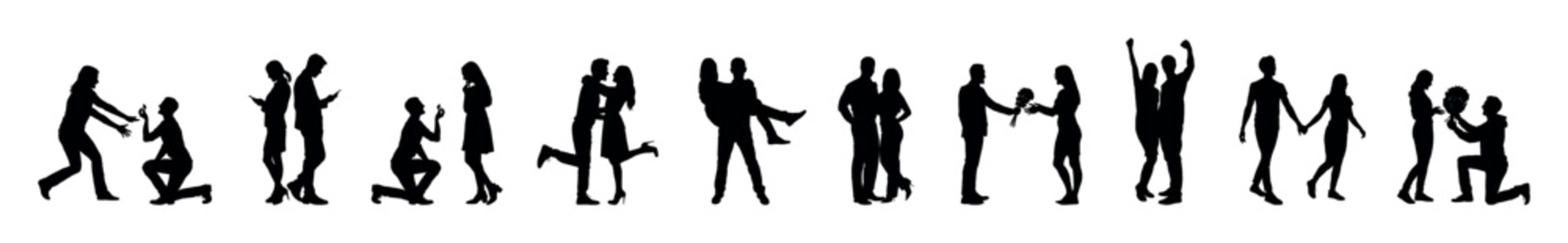 Collection of romantic couple with various poses silhouettes set.