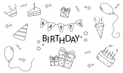 Birthday Doodle Set, Decoration Outline Elements, Concept Illustration, Web Graphic, Liner Element, Party, Sketch, Transparent, Icons Collection