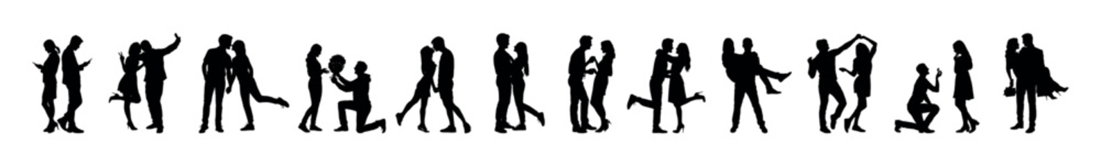 Couple falling in love posing  from dating to marriage poses in row vector silhouette set collection.