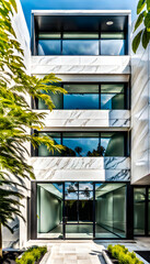 Modern small scale design style office building. Simple exterior and surrounding garden.