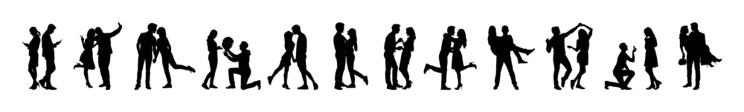 Couple falling in love posing  from dating to marriage poses in row vector silhouette set collection.