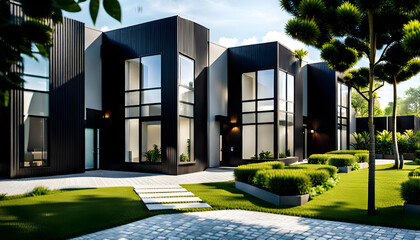 Modern small scale design style office building. Simple exterior and surrounding garden.