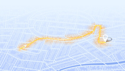 Isometric. The path marked on the map to the designated point. View from above the map buildings. City top view. Quarter residential buildings. Cute simple design. Abstract background Vector