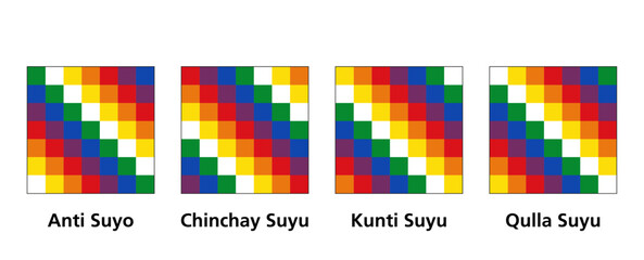 Four regional suyu wiphala flags. Square emblems of the Anti, Chinchay, Kunti and Qulla Suyu, the four parts of Tawantinsuyu, the Inca Empire. Commonly used to represent native peoples of the Andes. - obrazy, fototapety, plakaty