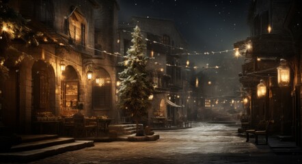 Festive Christmas night: Snowy village scene with illuminated houses , Christmas trees with snowy town and holiday decorations. - Used for Christmas holidays.