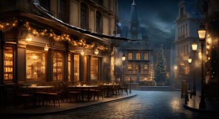 Naklejka premium Festive Christmas night: Snowy village scene with illuminated houses , Christmas trees with snowy town and holiday decorations. - Used for Christmas holidays.